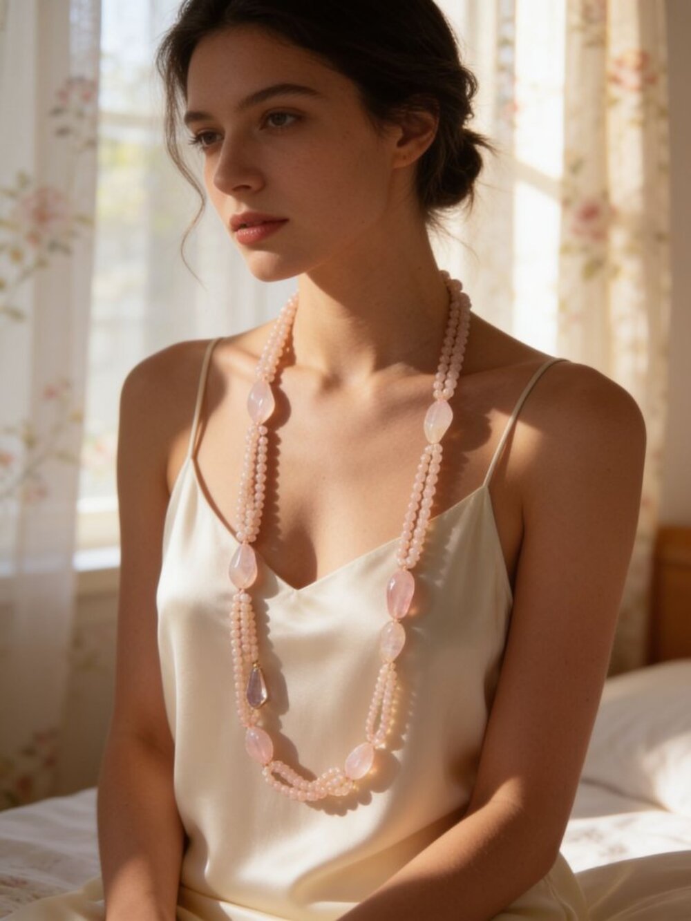 Vintage 1960's rose quartz hand tied beaded opera length necklace